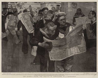 Der Tod der Königin, die Ankunft der Zeitungen auf einem Schlachtschiff von Frank Craig